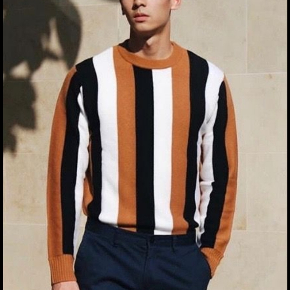 Sandro Striped Sweater Black White Brown Wool Cashmere Preppy Cozy Office Work M